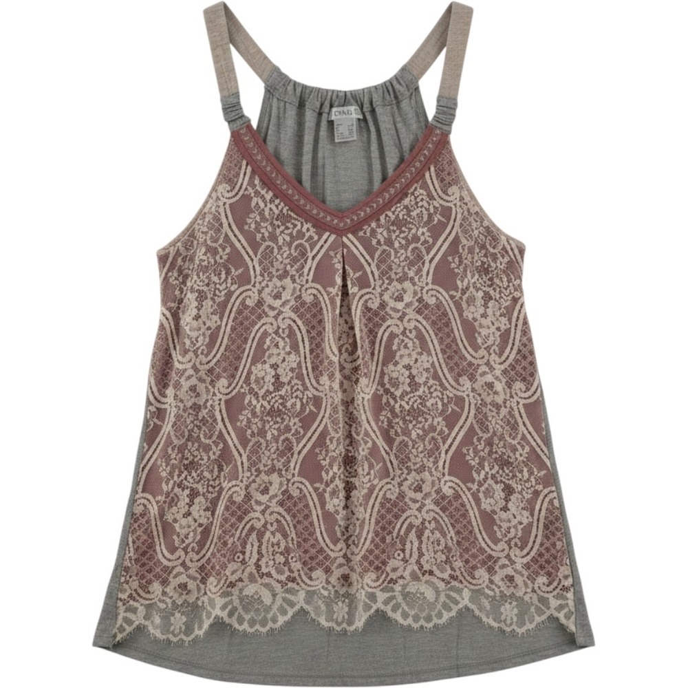 Womens XL Layered Lace Racerback Tank Top Gray Pink Boho Ethereal Peasant Soft